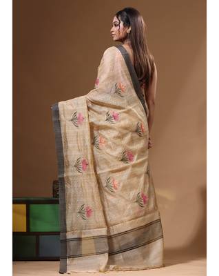 Beige semi- chanderi with embroidery saree with blouse piece 3