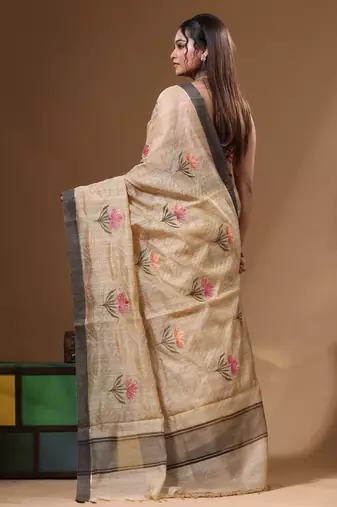 Beige semi- chanderi with embroidery saree with blouse piece