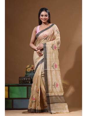 Beige semi- chanderi with embroidery saree with blouse piece 4