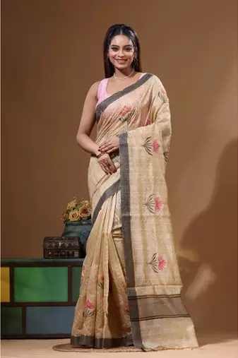 Beige semi- chanderi with embroidery saree with blouse piece