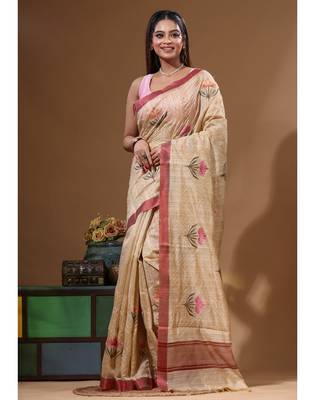 Beige semi- chanderi with embroidery saree with blouse piece 1