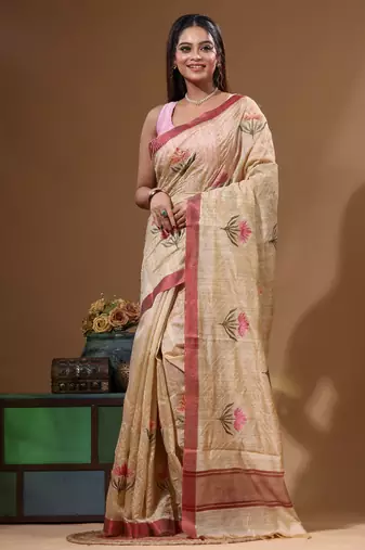 Beige semi- chanderi with embroidery saree with blouse piece