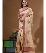 Beige semi- chanderi with embroidery saree with blouse piece