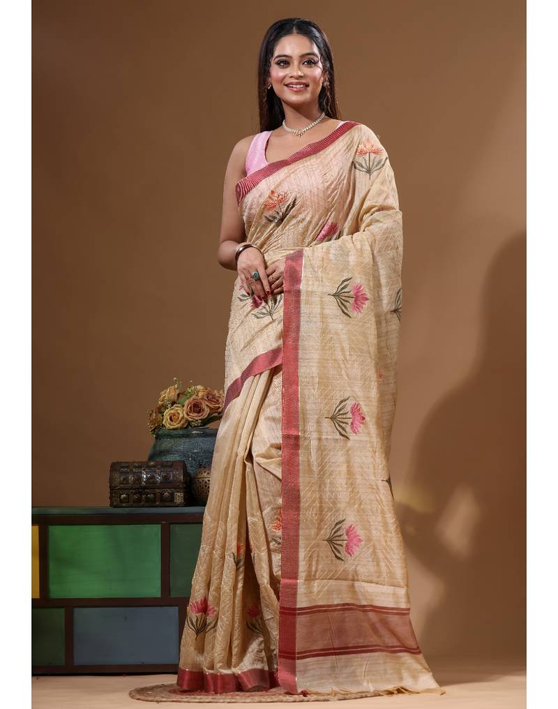 Beige semi- chanderi with embroidery saree with blouse piece