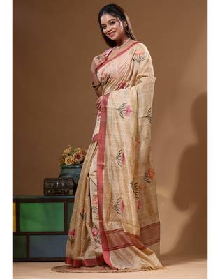 Beige semi- chanderi with embroidery saree with blouse piece 2