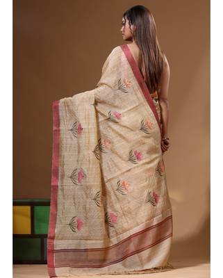 Beige semi- chanderi with embroidery saree with blouse piece 3