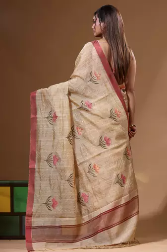 Beige semi- chanderi with embroidery saree with blouse piece