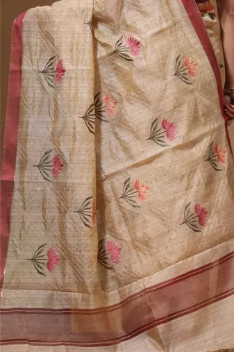 Beige semi- chanderi with embroidery saree with blouse piece