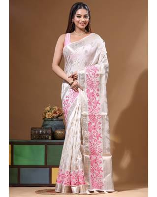 off-white jacquard with embroidery saree with blouse piece 1