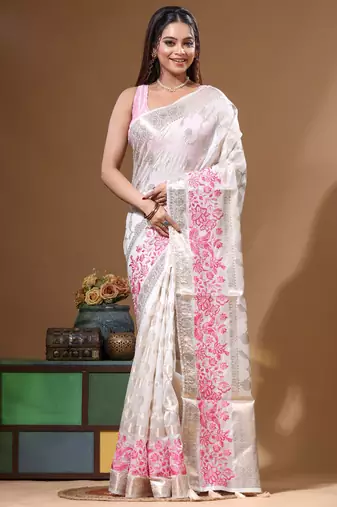 off-white jacquard with embroidery saree with blouse piece