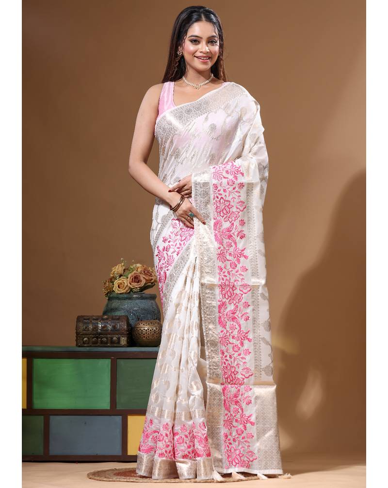 off-white jacquard with embroidery saree with blouse piece