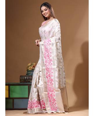 off-white jacquard with embroidery saree with blouse piece 2