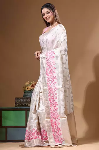 off-white jacquard with embroidery saree with blouse piece