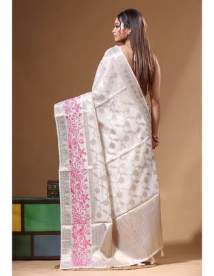 off-white jacquard with embroidery saree with blouse piece 3