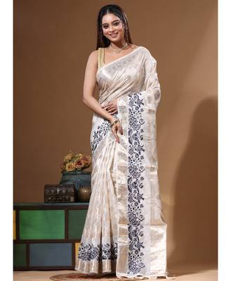 off-white jacquard with embroidery saree with blouse piece 1