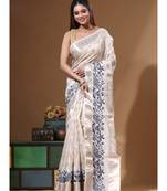 off-white jacquard with embroidery saree with blouse piece
