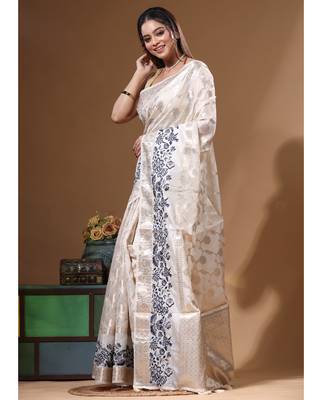 off-white jacquard with embroidery saree with blouse piece 2