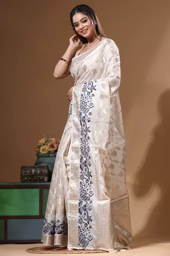 off-white jacquard with embroidery saree with blouse piece