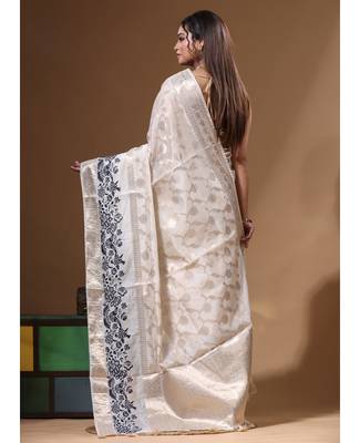 off-white jacquard with embroidery saree with blouse piece 3