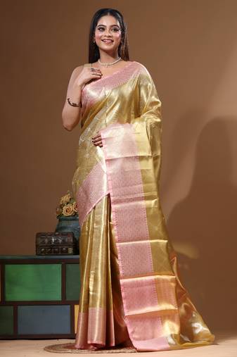 yellow silk blend saree with blouse piece