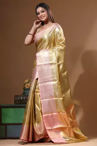 yellow silk blend saree with blouse piece