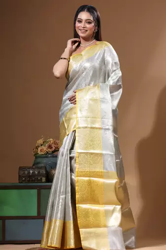 grey silk blend saree with blouse piece