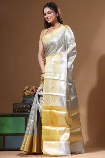 grey silk blend saree with blouse piece