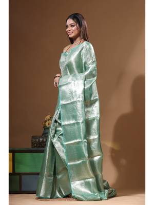 green silk blend saree with blouse piece 2