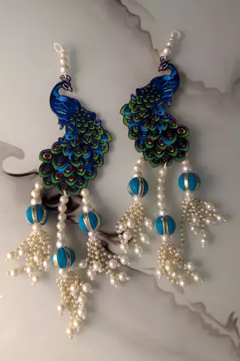 Handmade Peacock Beads Hanging Decorative Wall Hanging with Blue Ball for Home Decoration (Pack of 2)