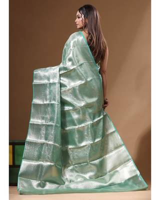 green silk blend saree with blouse piece 3