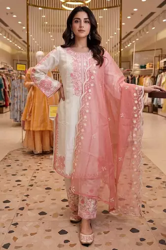 Light Pink Color Embroidery And Thread Work Silk Blend Salwar Suit