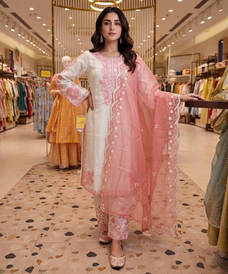 Light Pink Color Embroidery And Thread Work Silk Blend Salwar Suit