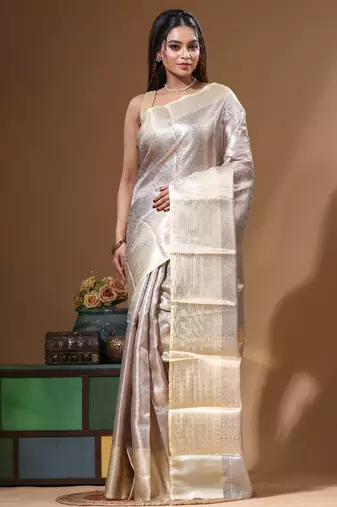 dusty grey silk blend saree with blouse piece