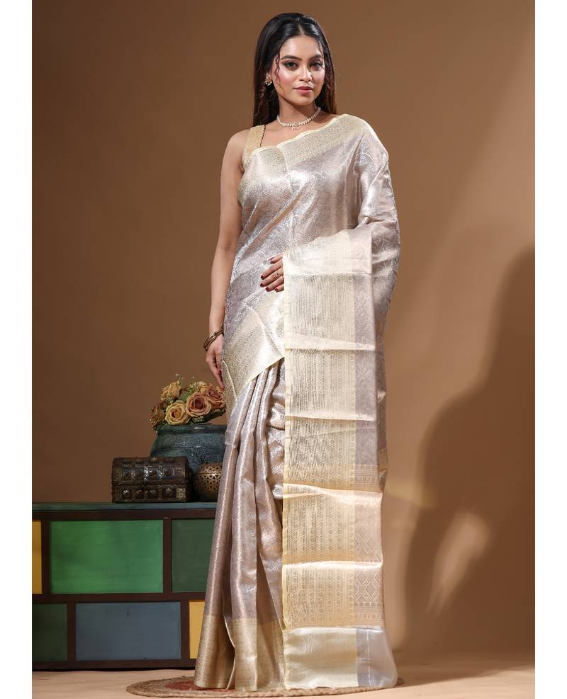 dusty grey silk blend saree with blouse piece