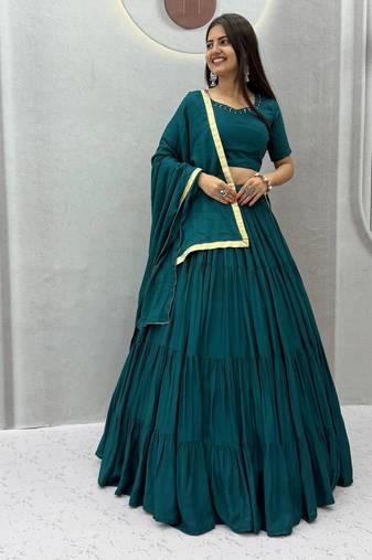 Garba Special Green Cotton Lehenga Choli with Handmade Mirror Work