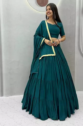 Garba Special Green Cotton Lehenga Choli with Handmade Mirror Work