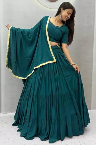 Garba Special Green Cotton Lehenga Choli with Handmade Mirror Work