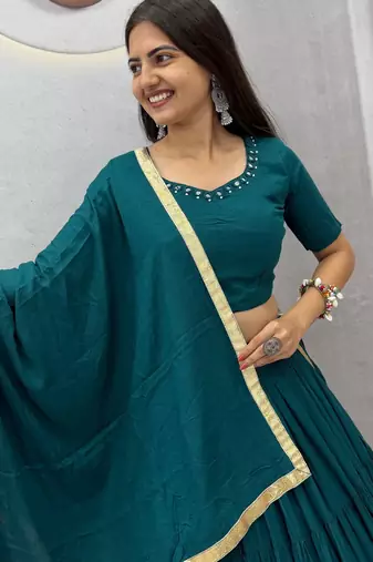 Garba Special Green Cotton Lehenga Choli with Handmade Mirror Work