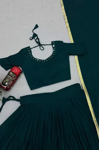 Garba Special Green Cotton Lehenga Choli with Handmade Mirror Work