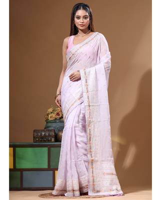 Light purple viscose organza with embroideery saree with blouse piece 1
