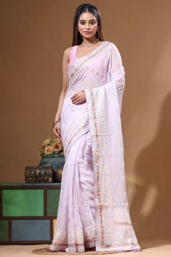 Light purple viscose organza with embroideery saree with blouse piece