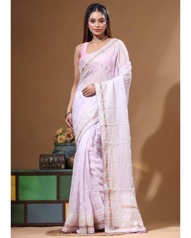 Light purple viscose organza with embroideery saree with blouse piece