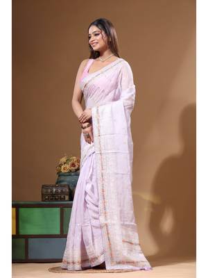 Light purple viscose organza with embroideery saree with blouse piece 2