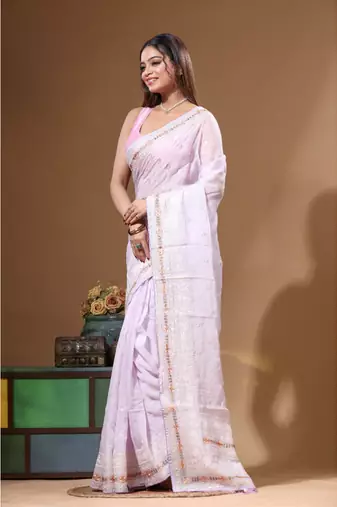 Light purple viscose organza with embroideery saree with blouse piece