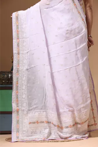 Light purple viscose organza with embroideery saree with blouse piece