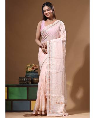 Peach viscose organza with embroideery saree with blouse piece 1