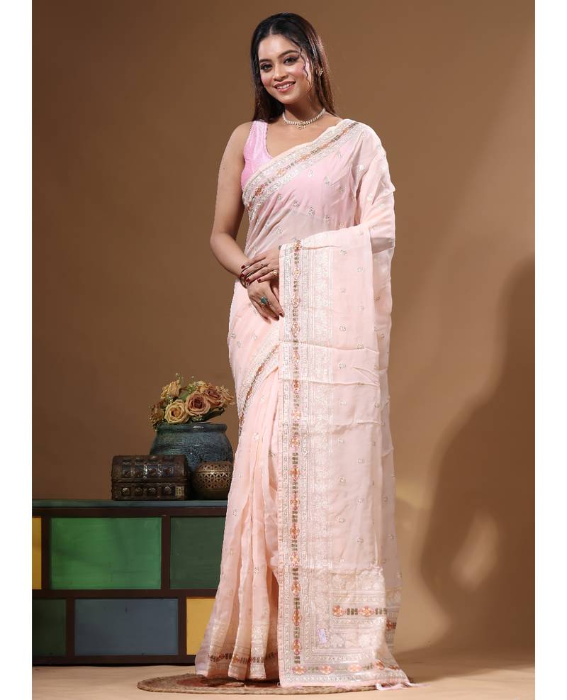 Peach viscose organza with embroideery saree with blouse piece