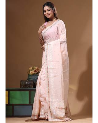 Peach viscose organza with embroideery saree with blouse piece 2