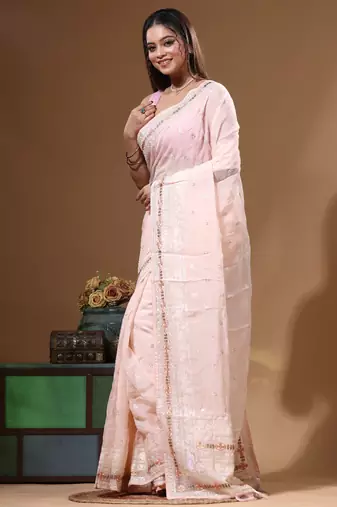 Peach viscose organza with embroideery saree with blouse piece