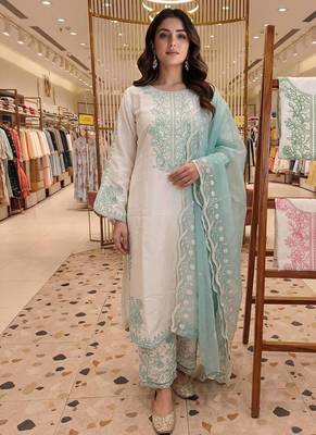 Sky Blue Color Embroidery And Thread Work Silk Blend Salwar Suit 1